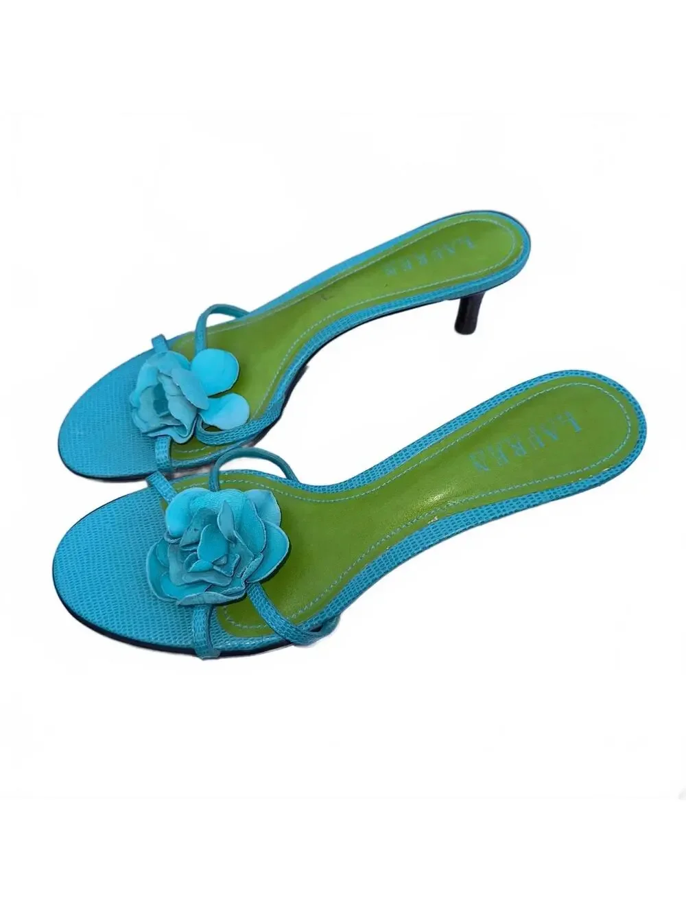 Lauren Ralph Lauren Jasmin 9.5B Blue Floral Applique Kitten Heel Sandals